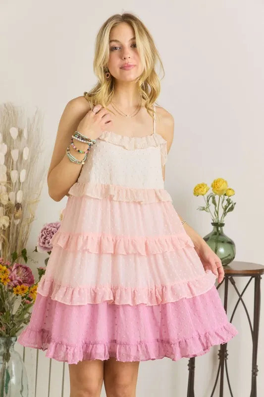 Image of ADORA Swiss Dot Ruffled Tiered Mini Dress | Queeble.shop