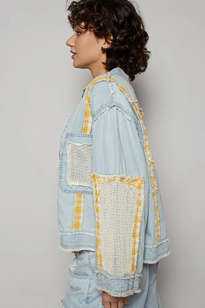 Image of POL Raw Hem Zip Up Denim Jacket with Plaid and Crochet Patch | Queeble.shop