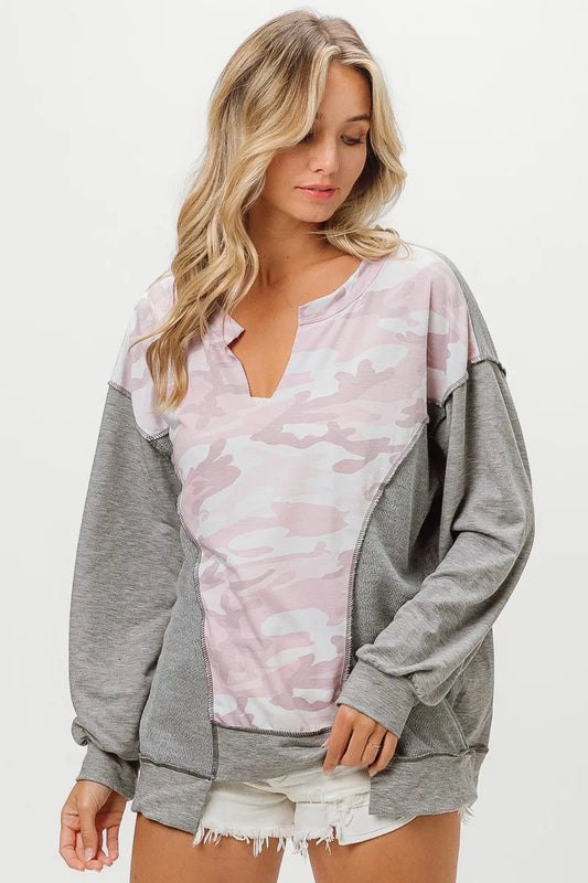 Image of BiBi Camo Printed French Terry Knit Color Block Top | Queeble.shop