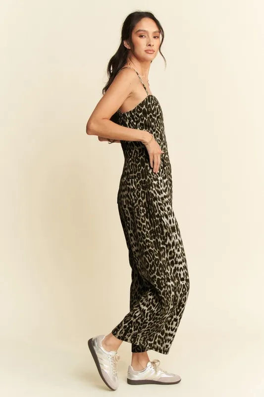 Image of Davi & Dani Leopard Spaghetti Straps Wide Leg Jumpsuit | Queeble.shop