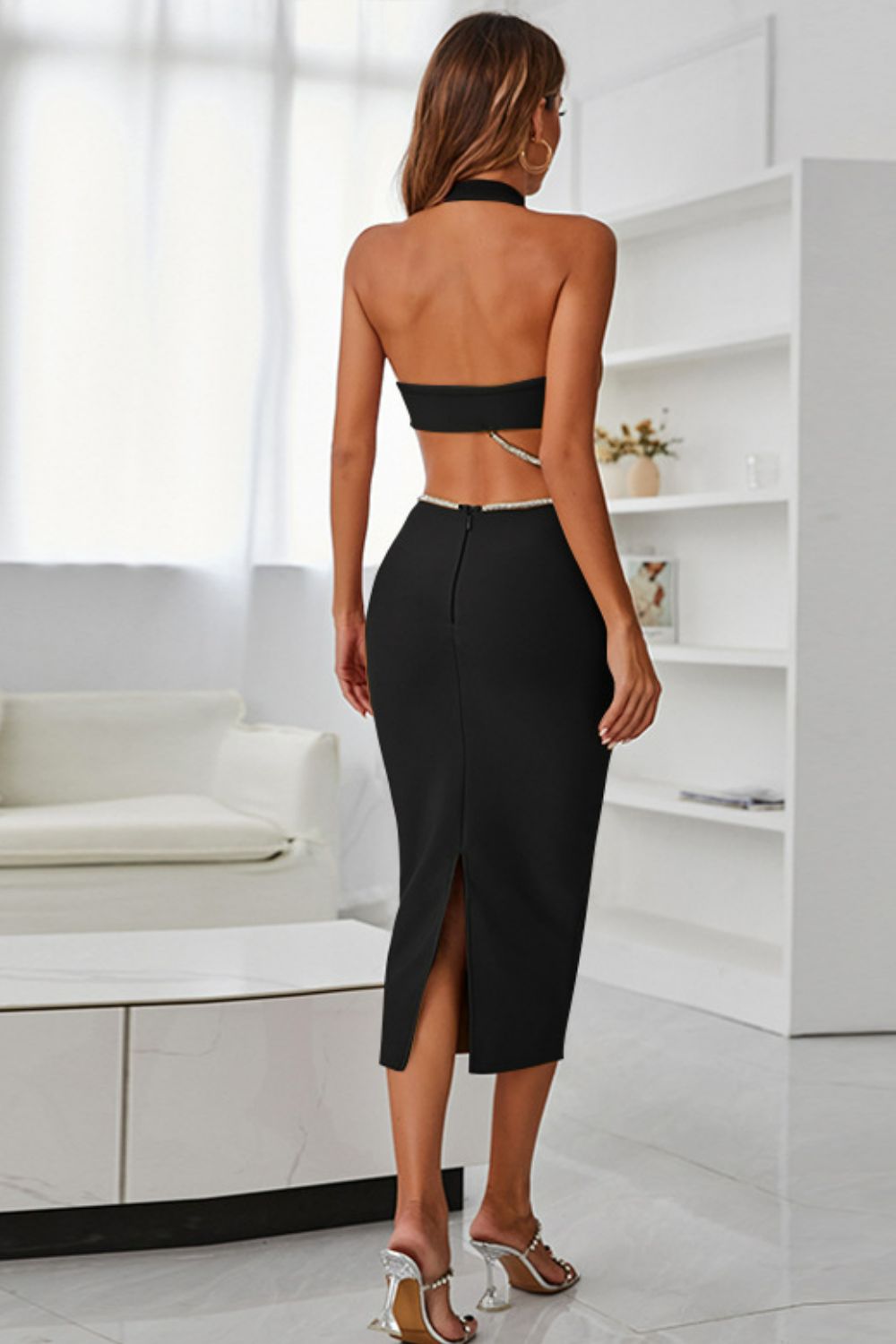 Image of Rhinestone Halter Neck Cutout Slit Midi Dress | Queeble.shop