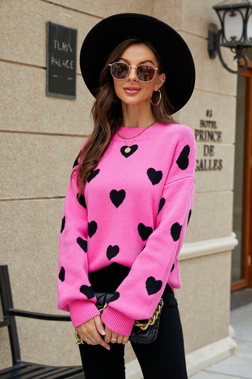 Image of Woven Right Heart Pattern Lantern Sleeve Round Neck Tunic Sweater | Queeble.shop