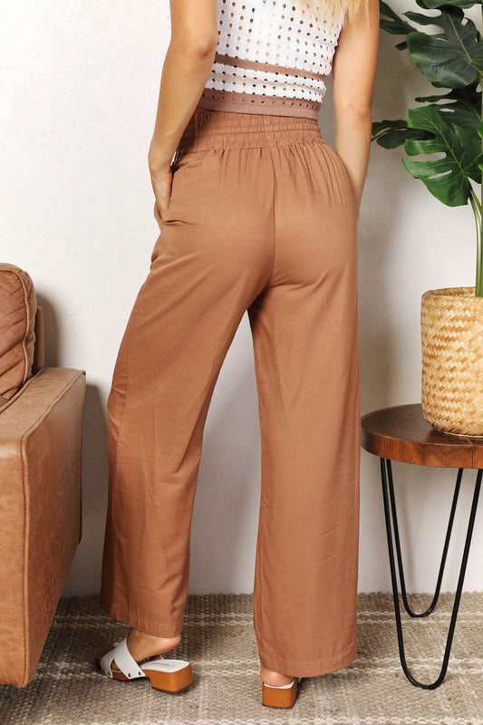 Image of Double Take Drawstring Smocked Waist Wide Leg Pants | Queeble.shop