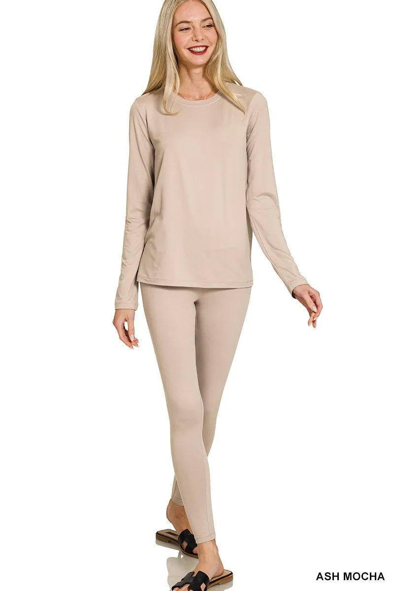 Image of Zenana Microfiber Round Neck Top and Leggings Set | Queeble.shop