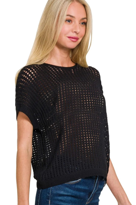 Image of Zenana Viscose Crochet Knit Sheer Hollow Sweater | Queeble.shop