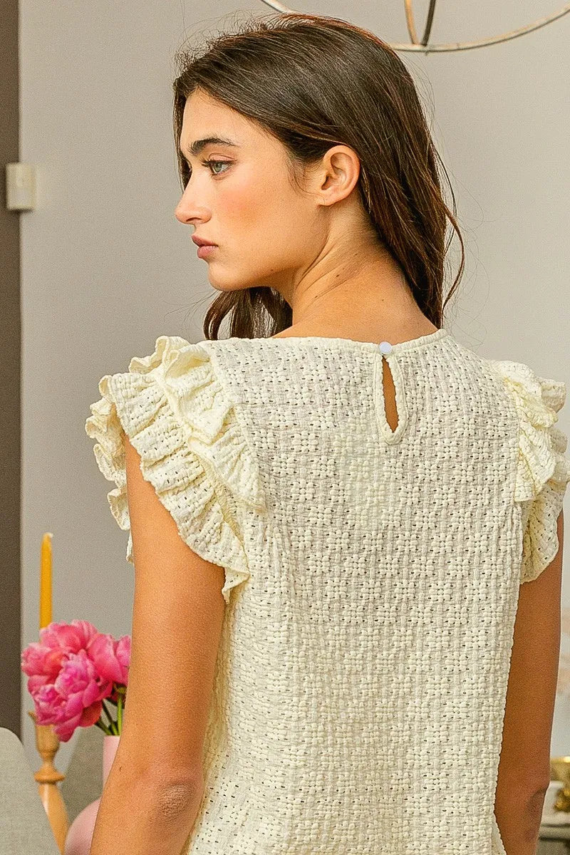 Image of BiBi Floral Ruffled Armhole V-Neck Top | Queeble.shop