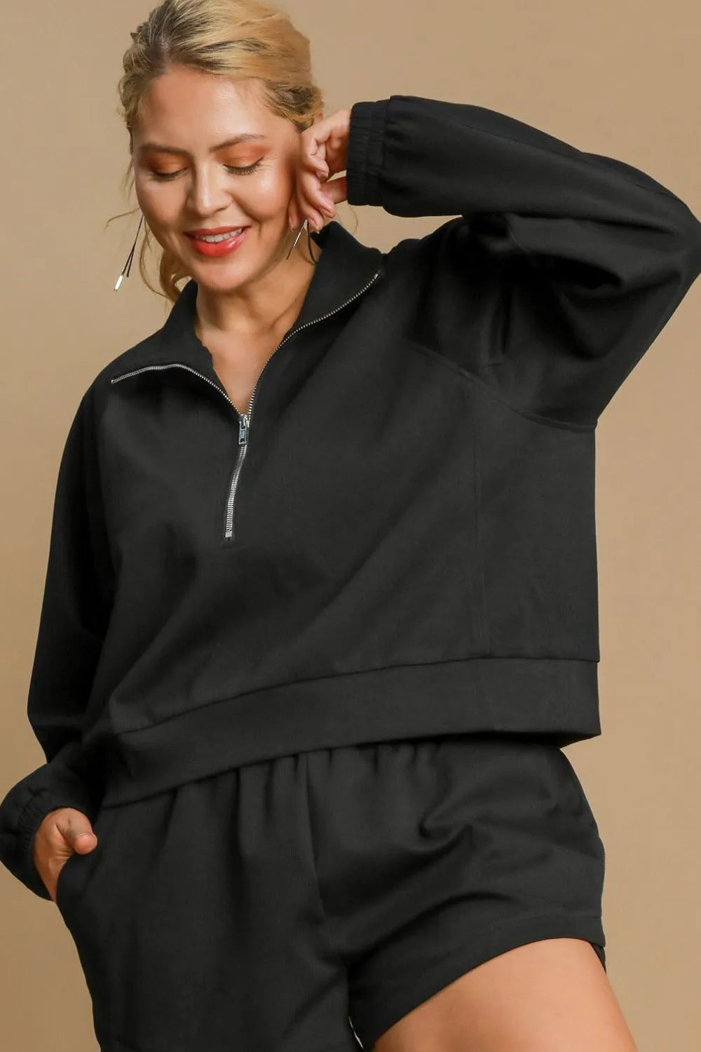 Image of Umgee Full Size Half Zip Cropped Sweatshirt Plus Size | Queeble.shop