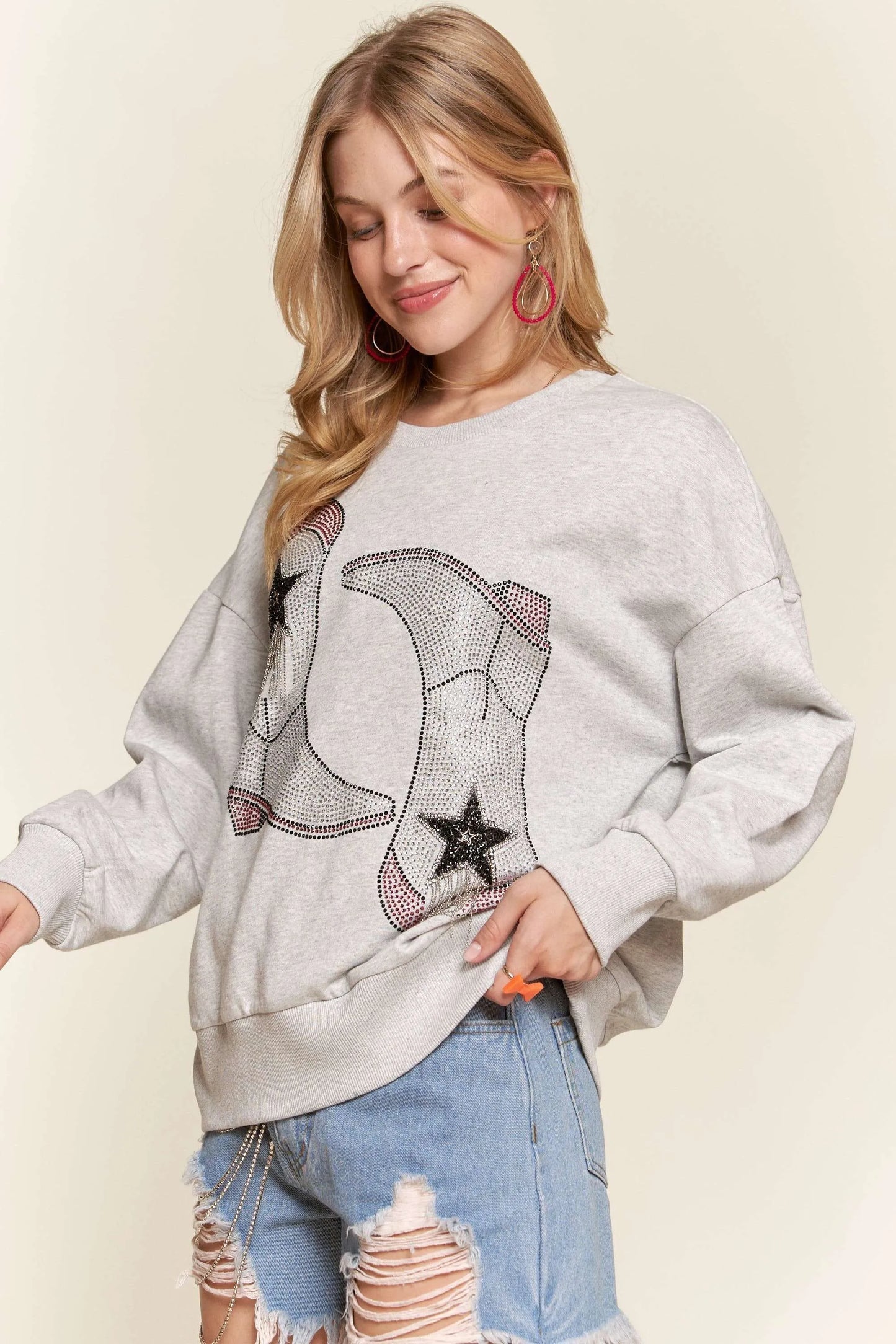 Image of ADORA Rhinestone Accent Casual Sweatshirt | Queeble.shop