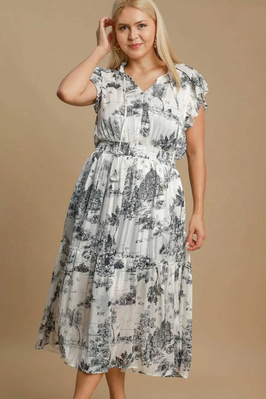 Image of Umgee Full Size Two Tone Landscape Print Midi Dress Plus Size | Queeble.shop