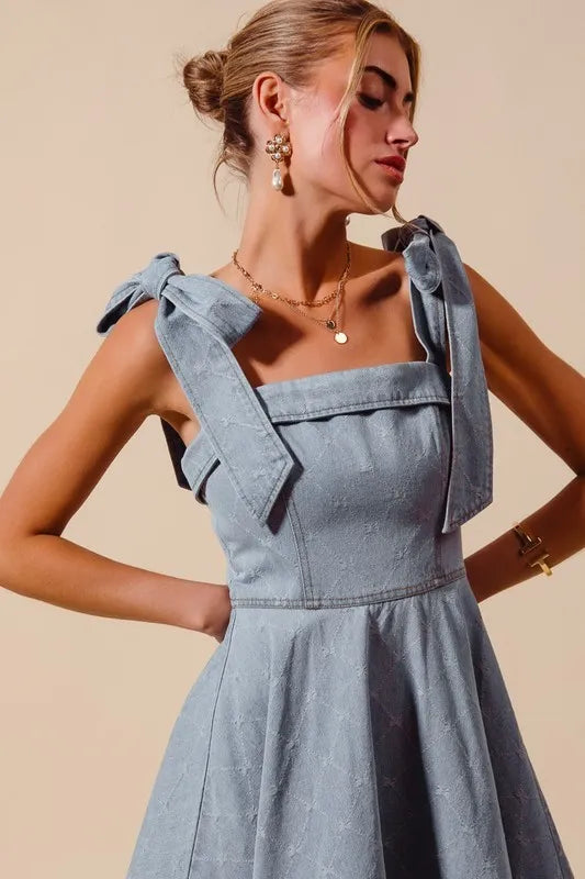 Image of SO ME A Line Fit and Flare Diamond Bow Ribbon Denim Dres | Queeble.shop