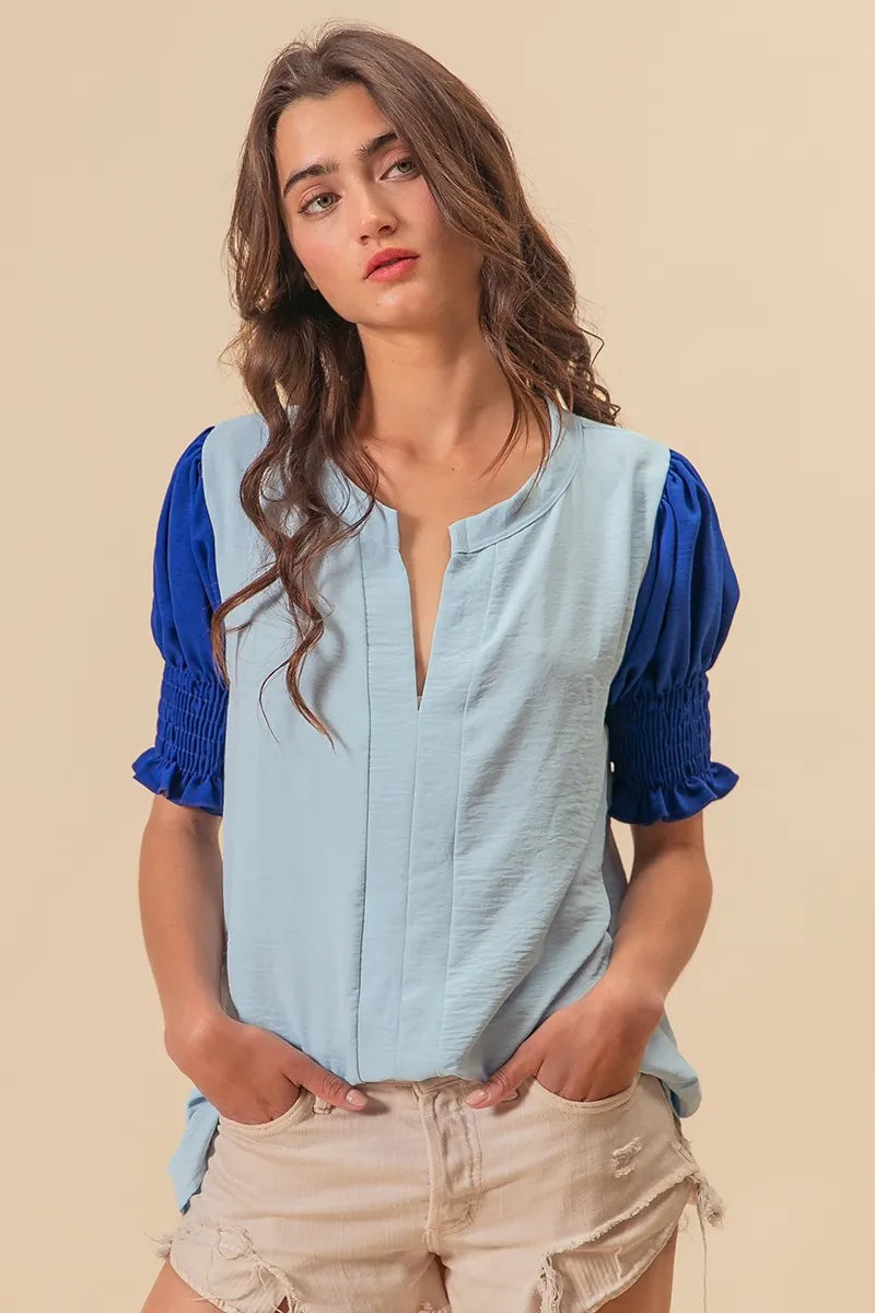 Image of BiBi Air Flow Color Block Puff Sleeves V Neck Top | Queeble.shop
