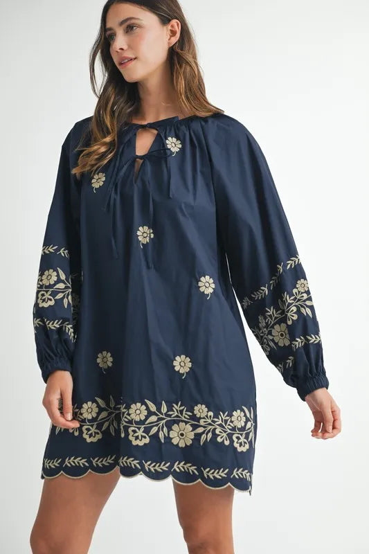Image of MABLE Embroidered Long Sleeve Peasant Mini Dress | Queeble.shop
