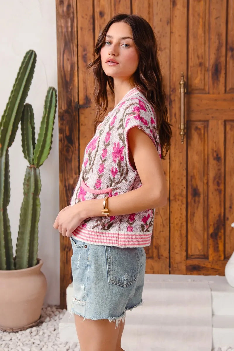 Image of SO ME Button Front Floral and Stripe Knitted Sweater Vest | Queeble.shop