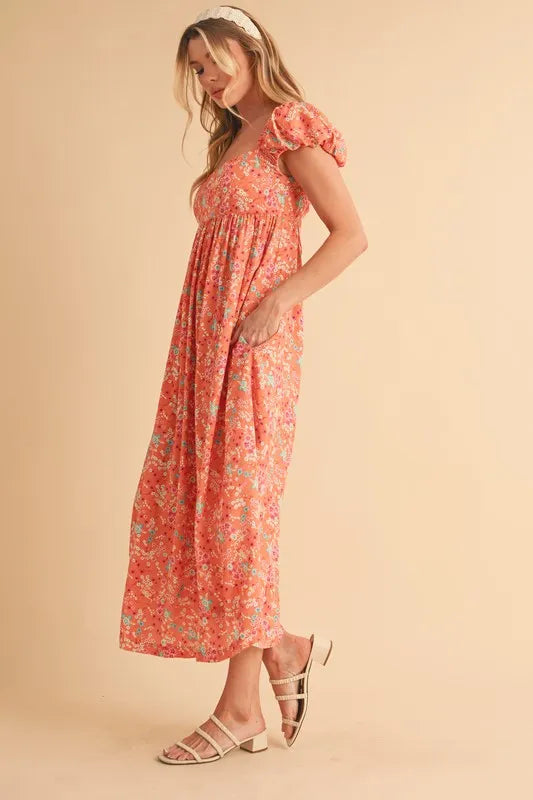 Image of Aemi + Co Cutout Back Floral Square Neck Puff Sleeve Midi Dress | Queeble.shop