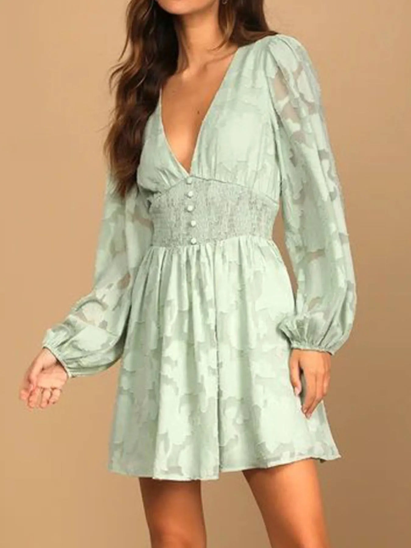 Image of Smocked V-Neck Balloon Sleeve Dress | Queeble.shop