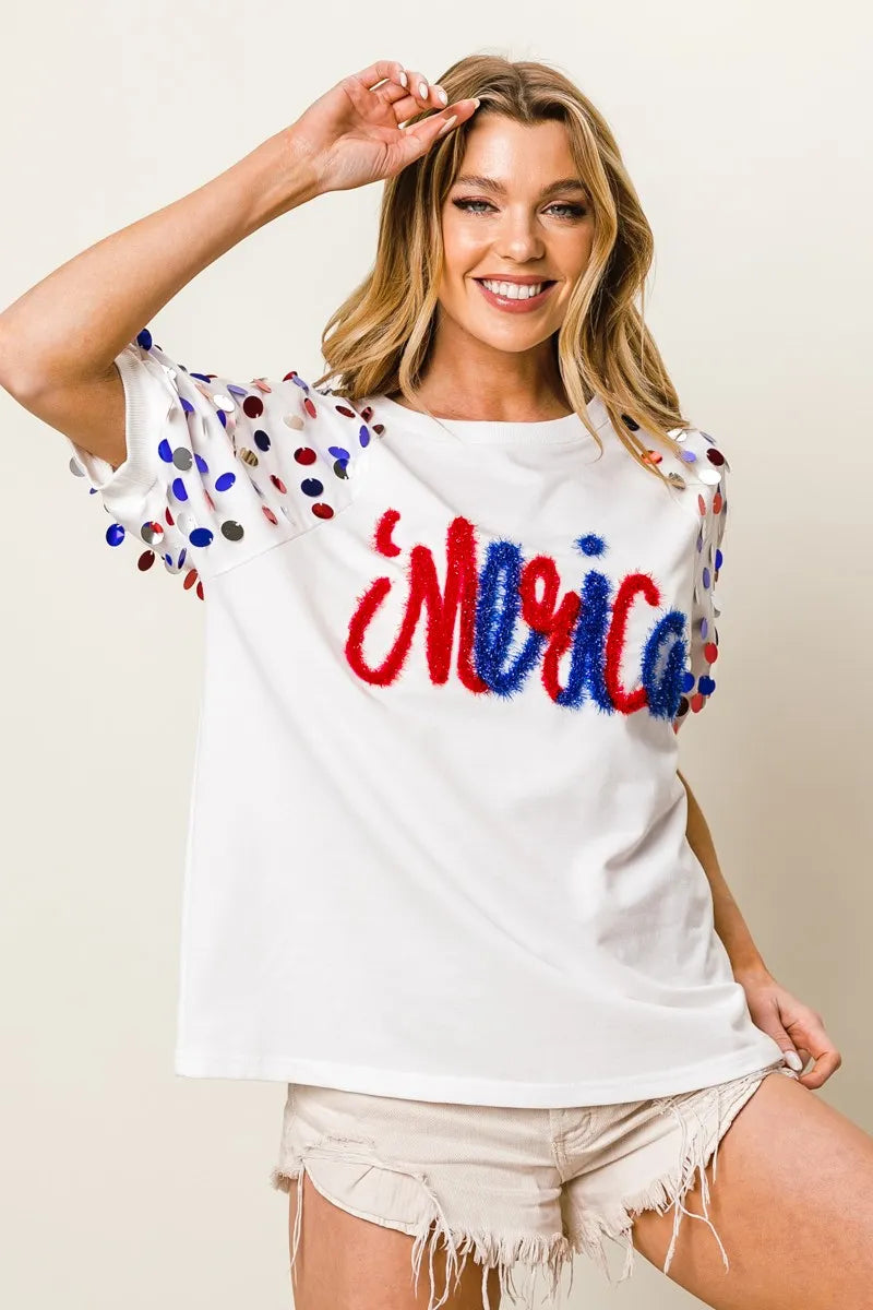 Image of BiBi Metallic Letter Spangle Raglan Puff Sleeve Top | Queeble.shop