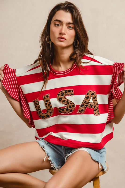 Image of BiBi Stripe Mixed Ruffle Sleeve Top With Leopard Letter | Queeble.shop