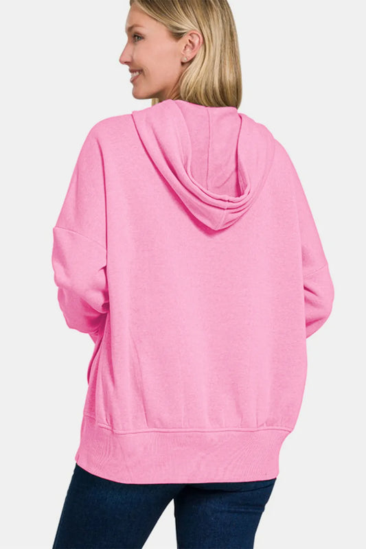 Image of Zenana Half Snap Long Sleeve Hoodie with Kangaroo Pocket | Queeble.shop