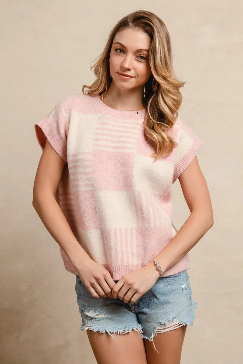 Image of BiBi Checker With Stripes Pattern Sleeveless Sweater | Queeble.shop