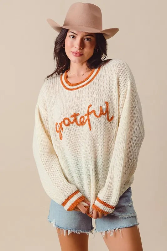 Image of SO ME Thanksgiving Grateful Lettering Stitch Sweater | Queeble.shop