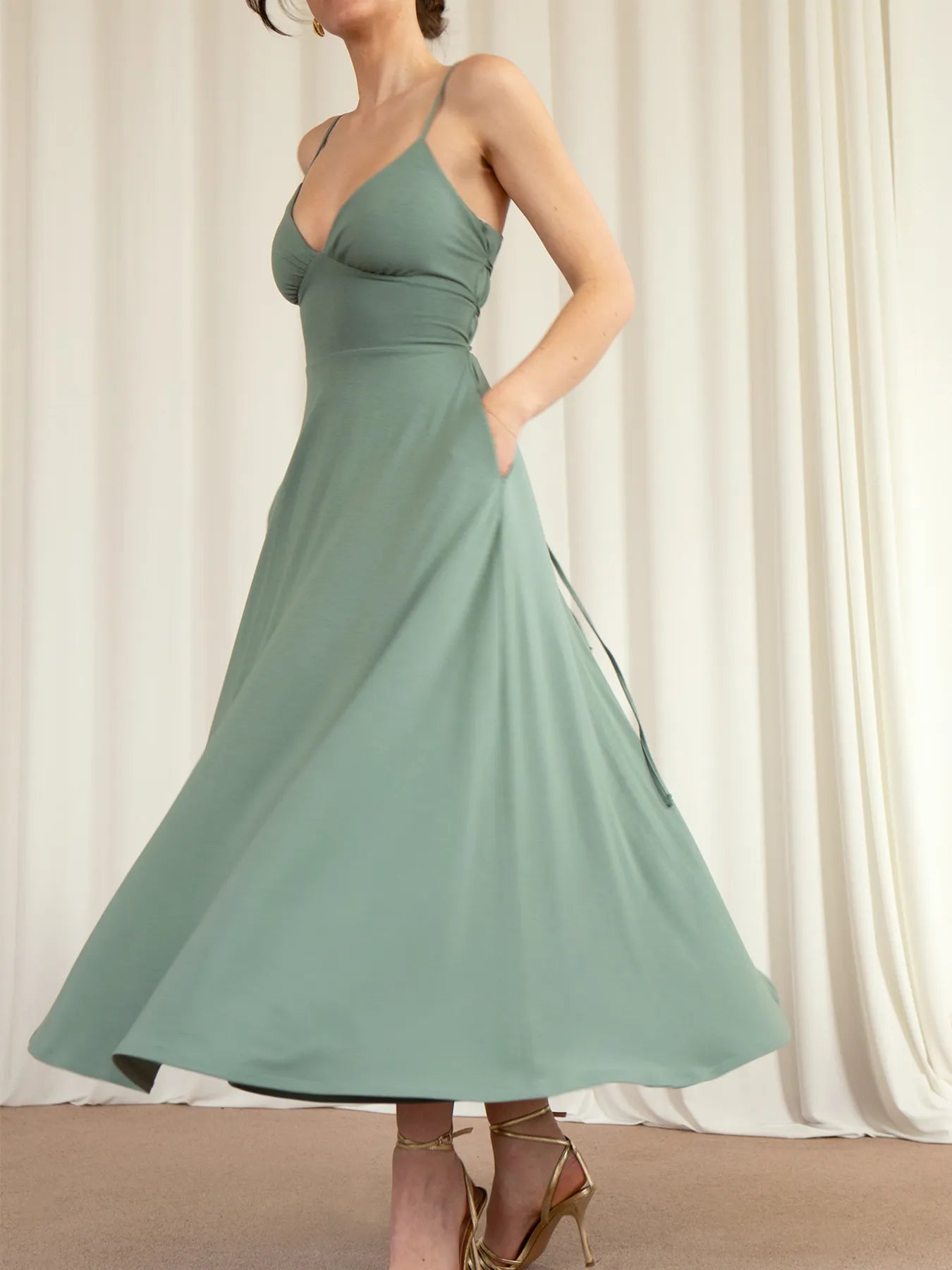 Image of V-Neck Midi Cami Dress with Pockets | Queeble.shop