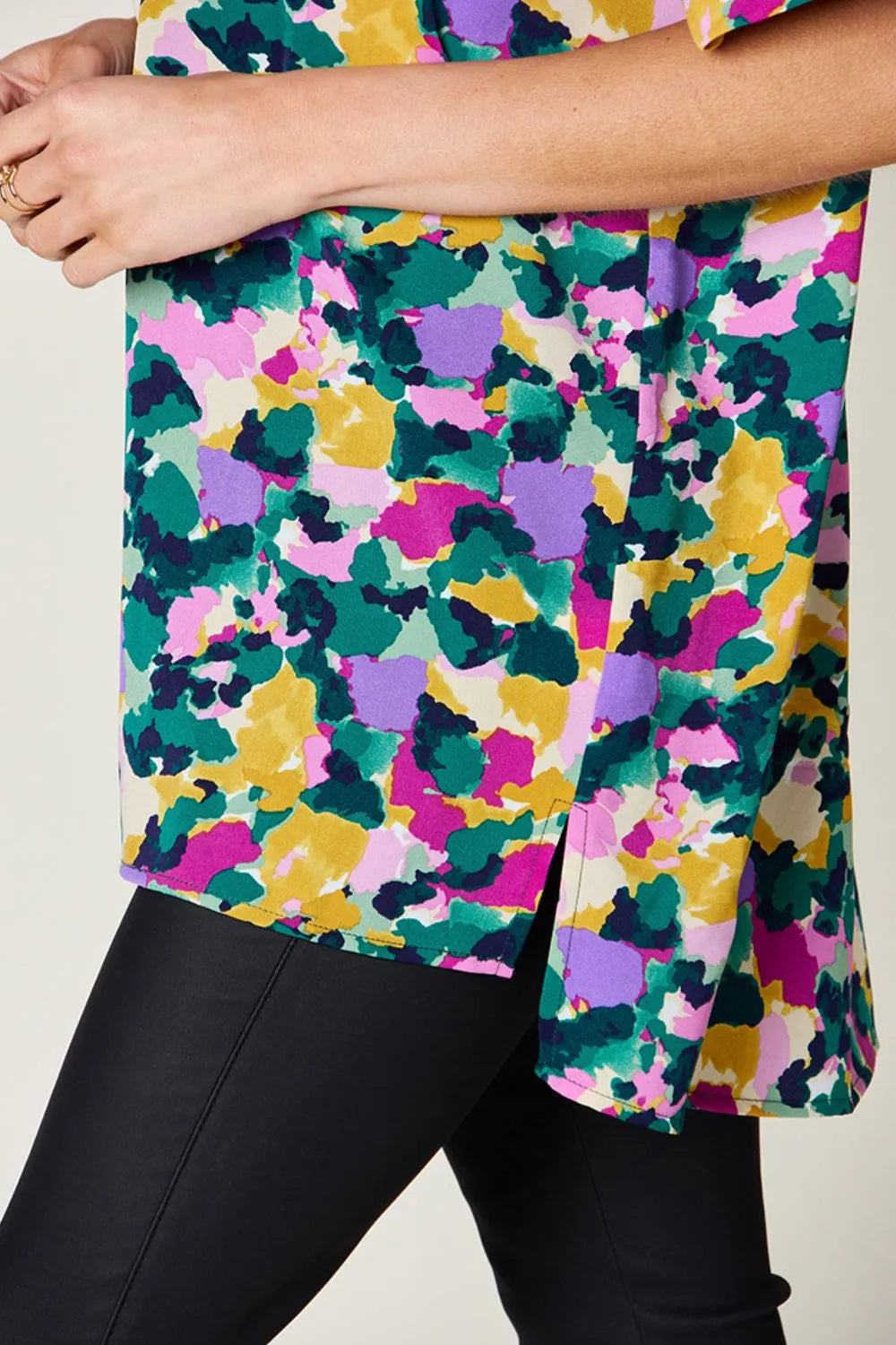 Image of Double Take Full Size Printed V-Neck Short Sleeve Side Slit Top | Queeble.shop