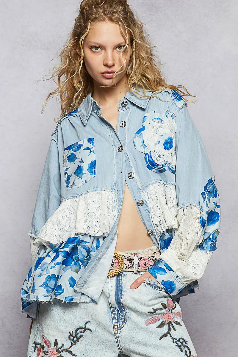 Image of POL Floral Patchwork Denim Shirt with Lace Trim Details | Queeble.shop