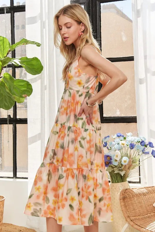 Image of ADORA Smocked Back Floral Adjustable Strap Midi Dress | Queeble.shop