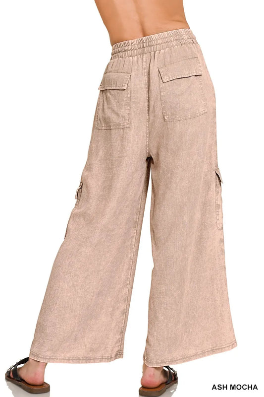 Image of Zenana Washed Linen Elastic Band Waist Cargo Pants | Queeble.shop