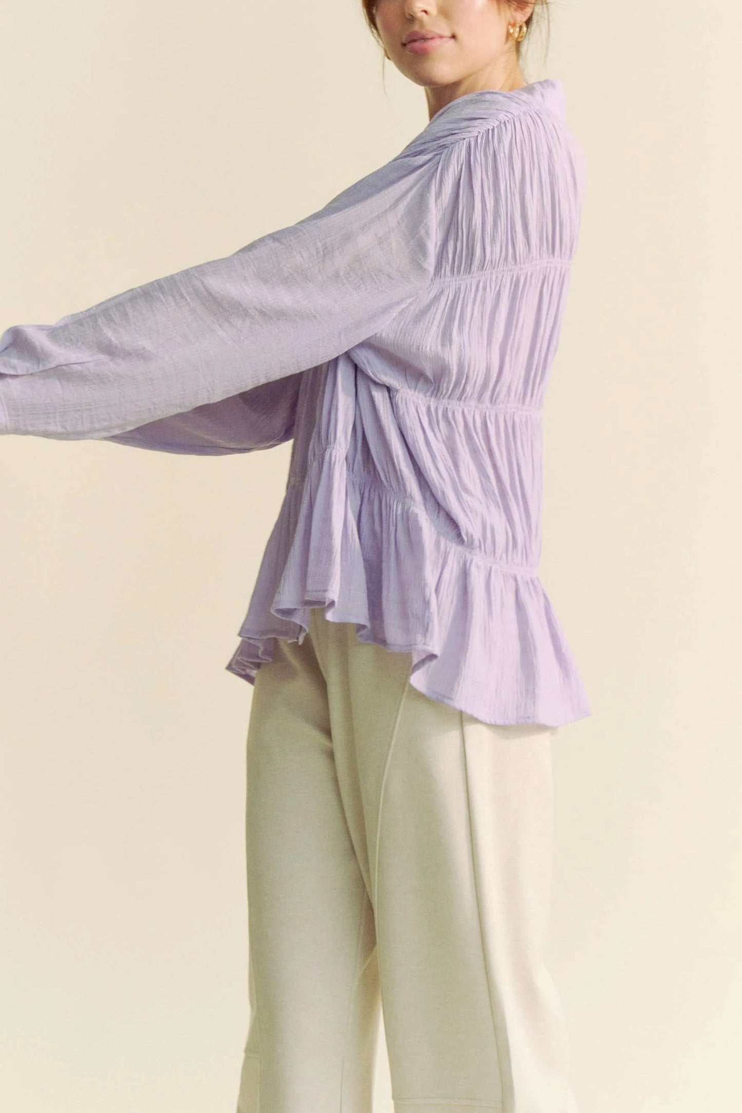 Image of Davi & Dani Ruched All Over Button Front Shirt | Queeble.shop