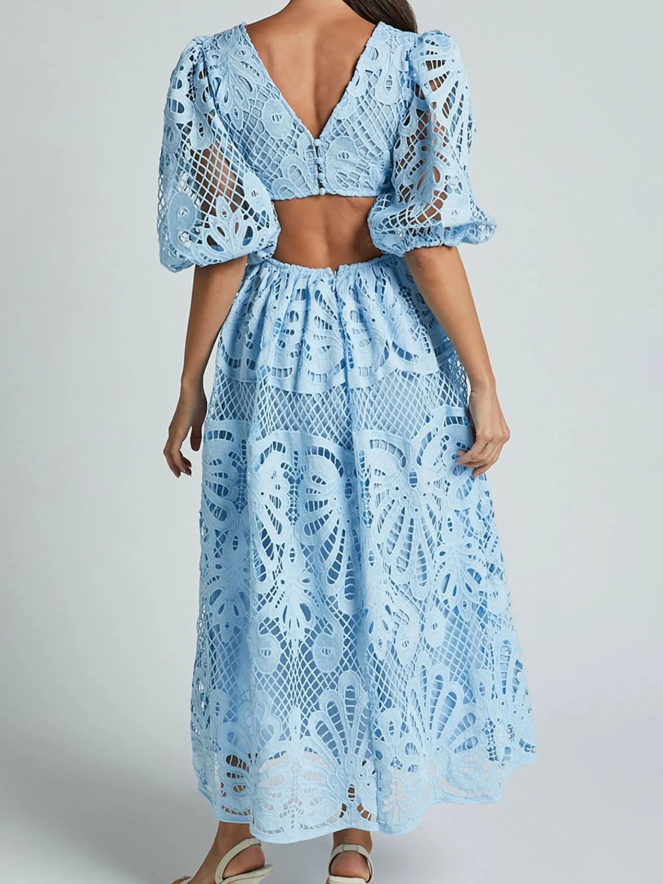 Image of Cutout Back Lace Crochet V-Neck Dress | Queeble.shop