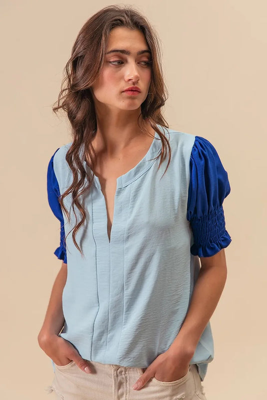 Image of BiBi Air Flow Color Block Puff Sleeves V Neck Top | Queeble.shop