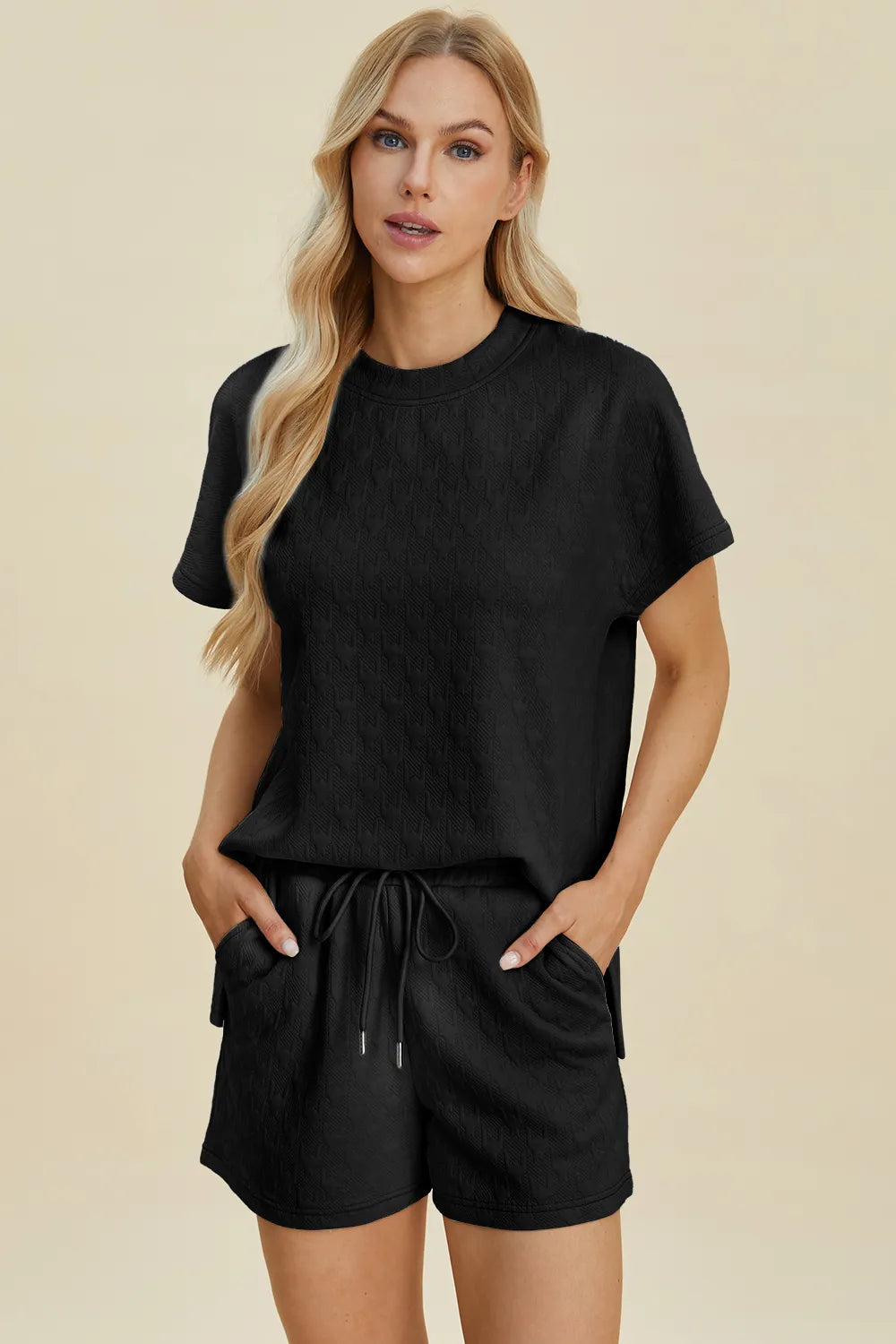 Image of Double Take Full Size Texture Round Neck Short Sleeve Top and Shorts Set | Queeble.shop