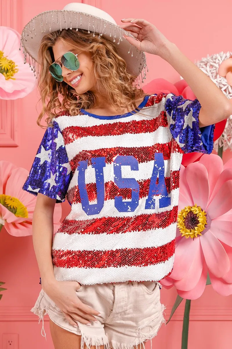 Image of BiBi American Flag Theme USA Lettering Sequin Top | Queeble.shop