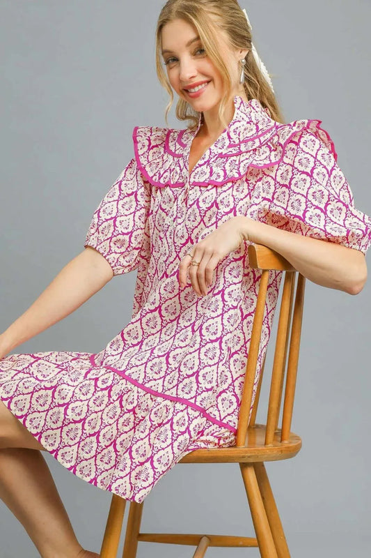 Image of Umgee Ruffled Printed Puff Sleeve Mini Dress | Queeble.shop