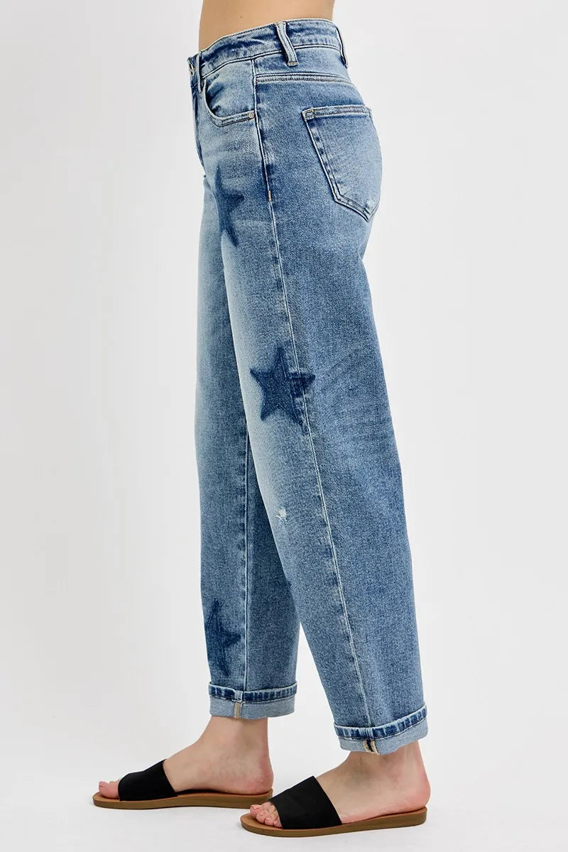 Image of RISEN Full Size Mid Rise Boyfriend Star Shadow Detail Cuffed Jeans Plus Size | Queeble.shop