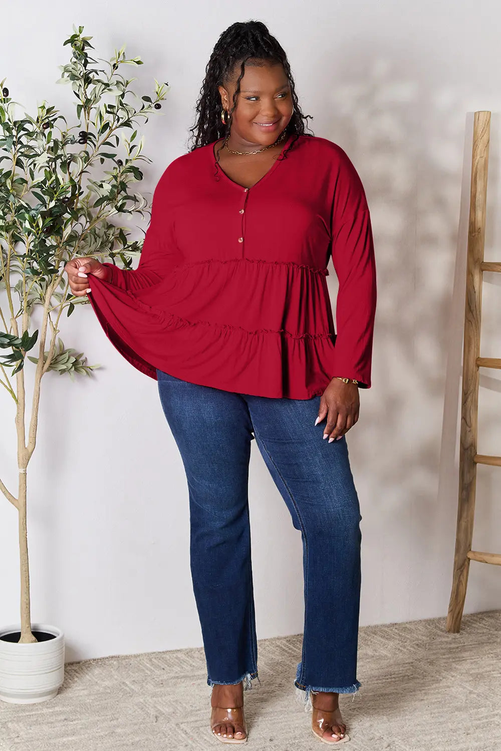 Image of Double Take Half Button Long Sleeve Ruffle Hem Blouse | Queeble.shop