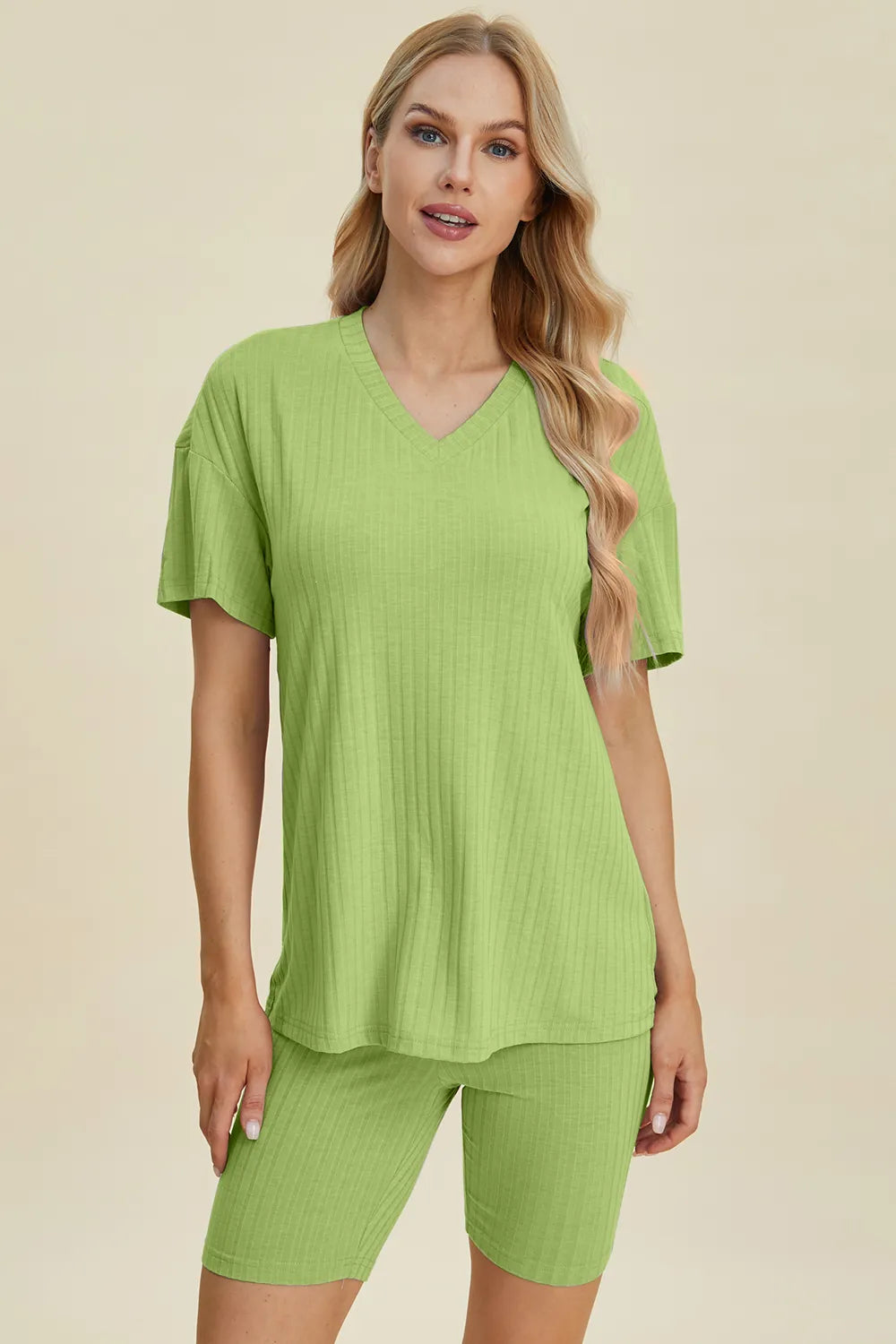 Image of Basic Bae Full Size Ribbed V-Neck Short Sleeve Top and Shorts Set | Queeble.shop