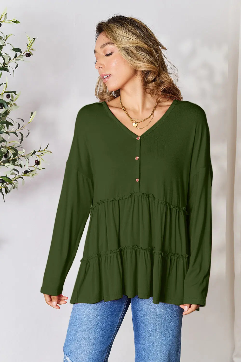 Image of Double Take Half Button Long Sleeve Ruffle Hem Blouse | Queeble.shop