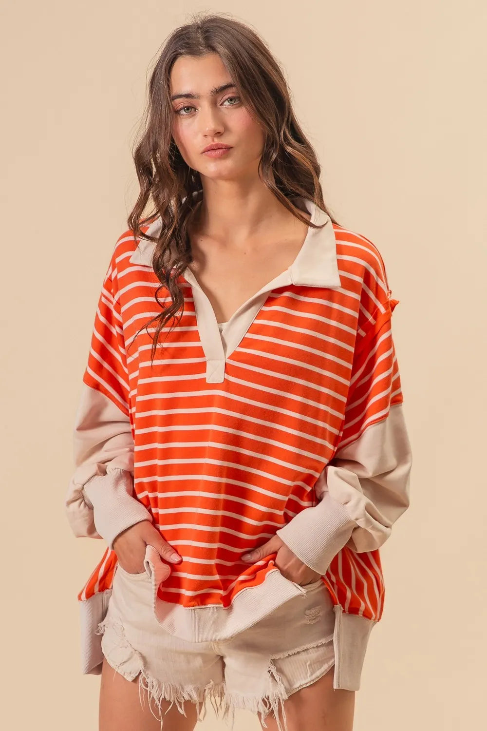 Image of BiBi Stripe Knit Loose Fit Top With Cut Edge Detail | Queeble.shop