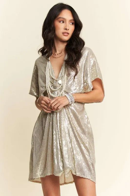 Image of Davi & Dani Sequin Plunge Neck Knot Cut Out Tie Back Party Dress | Queeble.shop