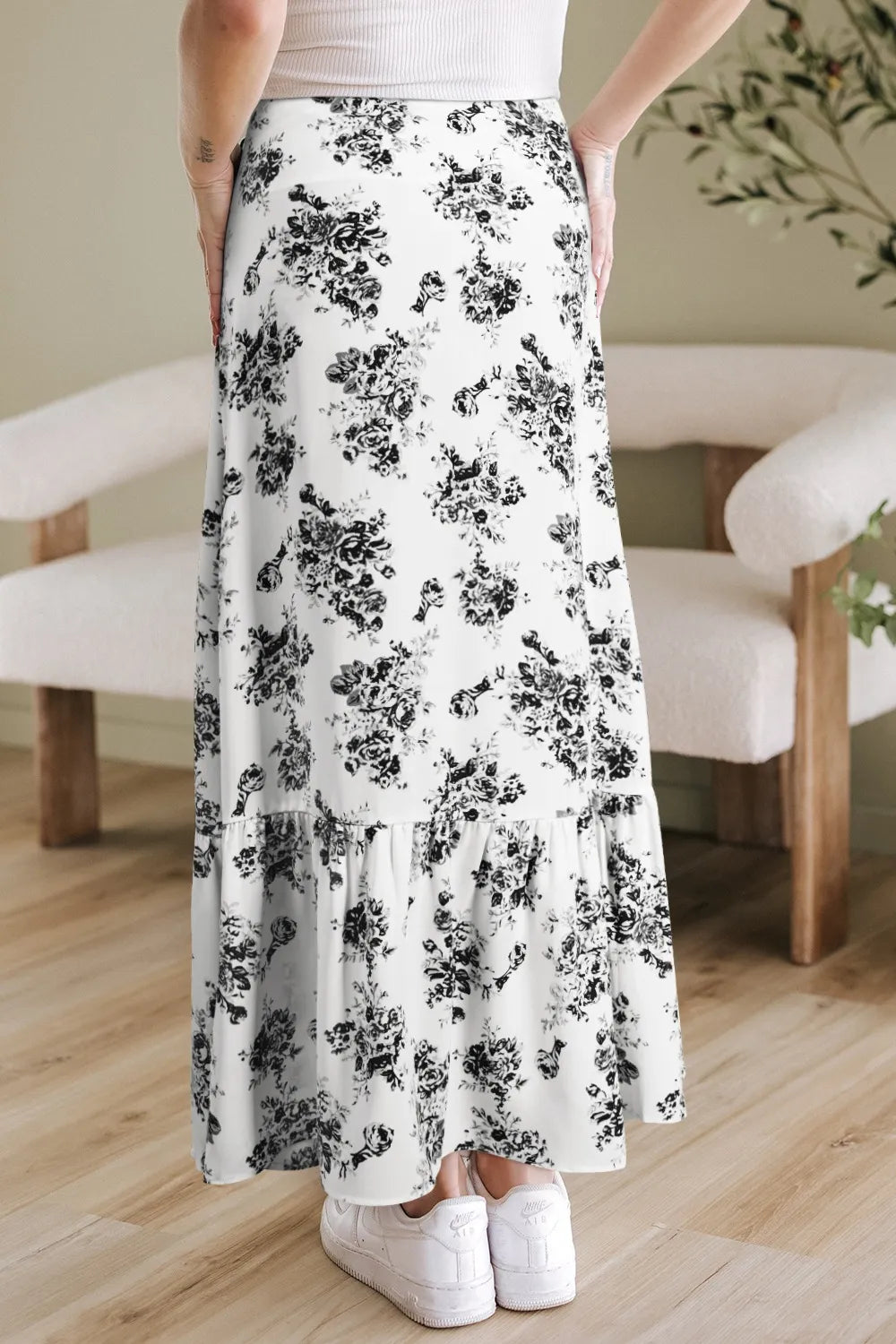Image of Boho Floral High Waist Ruffle Split Maxi Skirt | Queeble.shop
