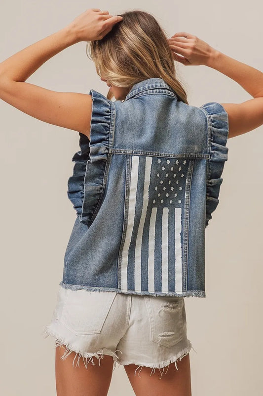 Image of BiBi American Flag Washed Denim Jacket | Queeble.shop