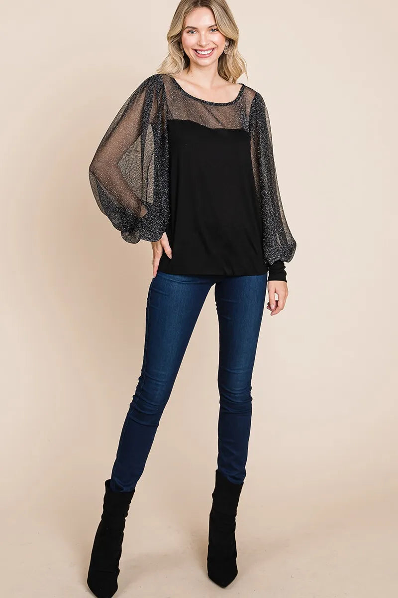 Image of Super Lady Full Size Metallic Mesh Lantern Sleeve Blouse | Queeble.shop