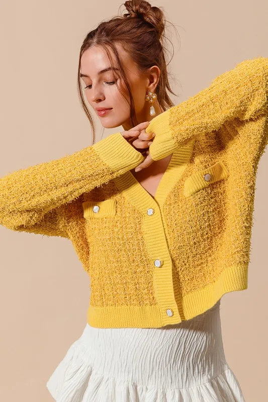 Image of SO ME Frayed Tweed Knit Buttoned Front Cardigan | Queeble.shop