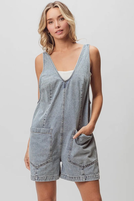 Image of BiBi Patch Vintage Washed Denim Shortall | Queeble.shop