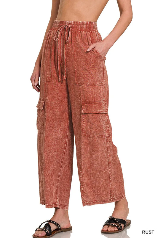 Image of Zenana Washed Linen Elastic Band Waist Cargo Pants | Queeble.shop