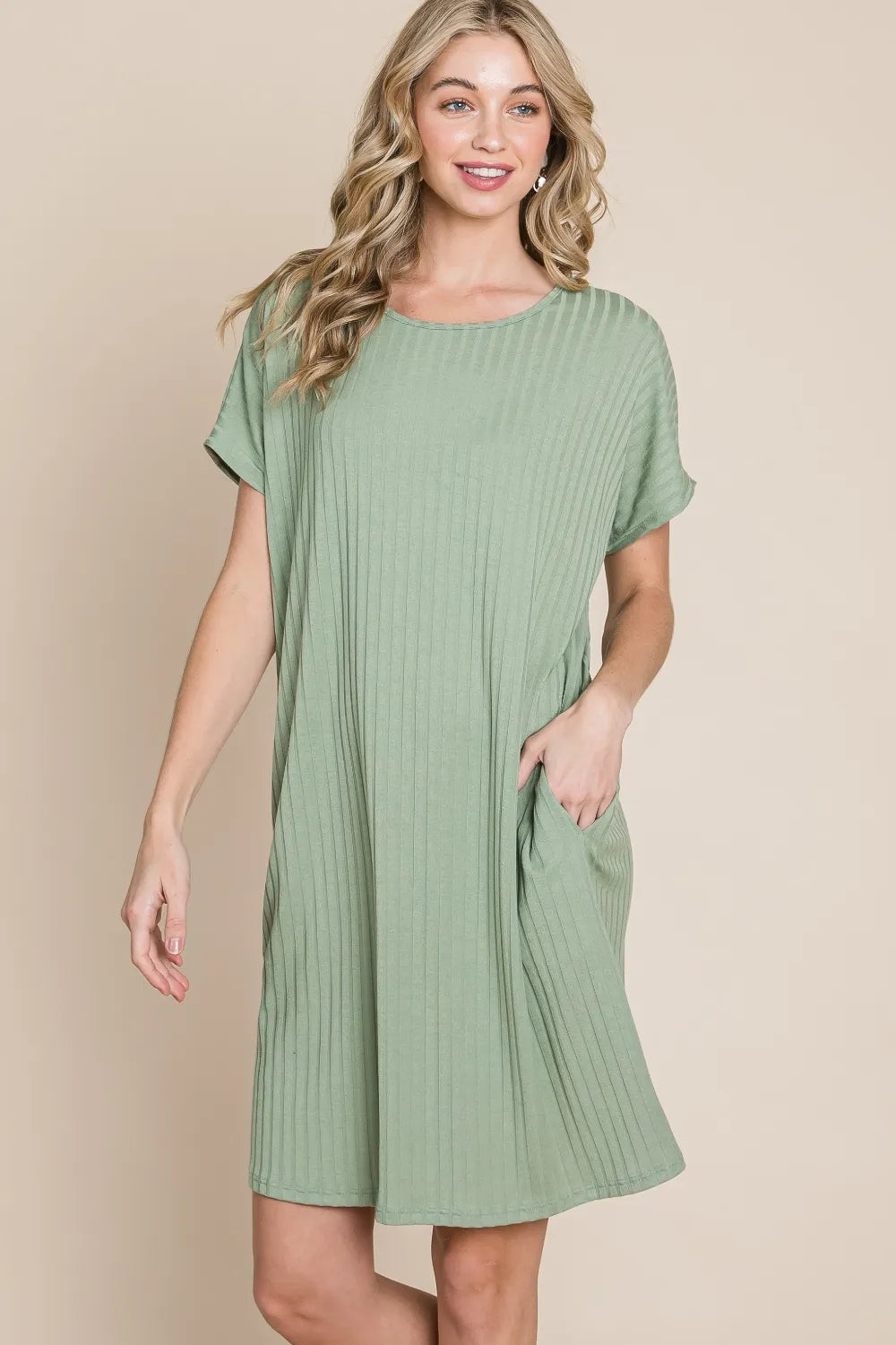 Image of BOMBOM Ribbed Round Neck Short Sleeve Dress | Queeble.shop