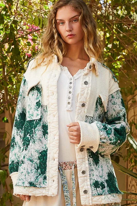 Image of POL Jacquard Patch Collared Neck Quilted Jacket | Queeble.shop