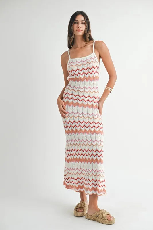 Image of MABLE Lightweight Pointelle Chevron Knit Maxi Dress | Queeble.shop